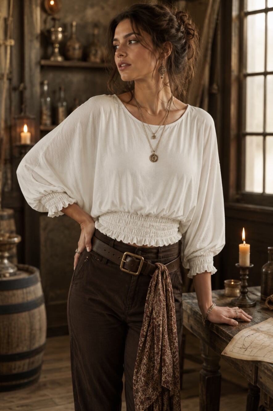 Coco Bianco White Boho Piratecore Peasant Blouse Smocked Waist Top L